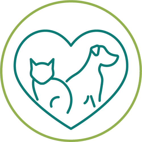 drawing of a dog and cat inside of a heart in a light green circle