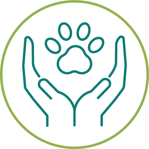 drawing of a two hands holding a paw print in a light green circle